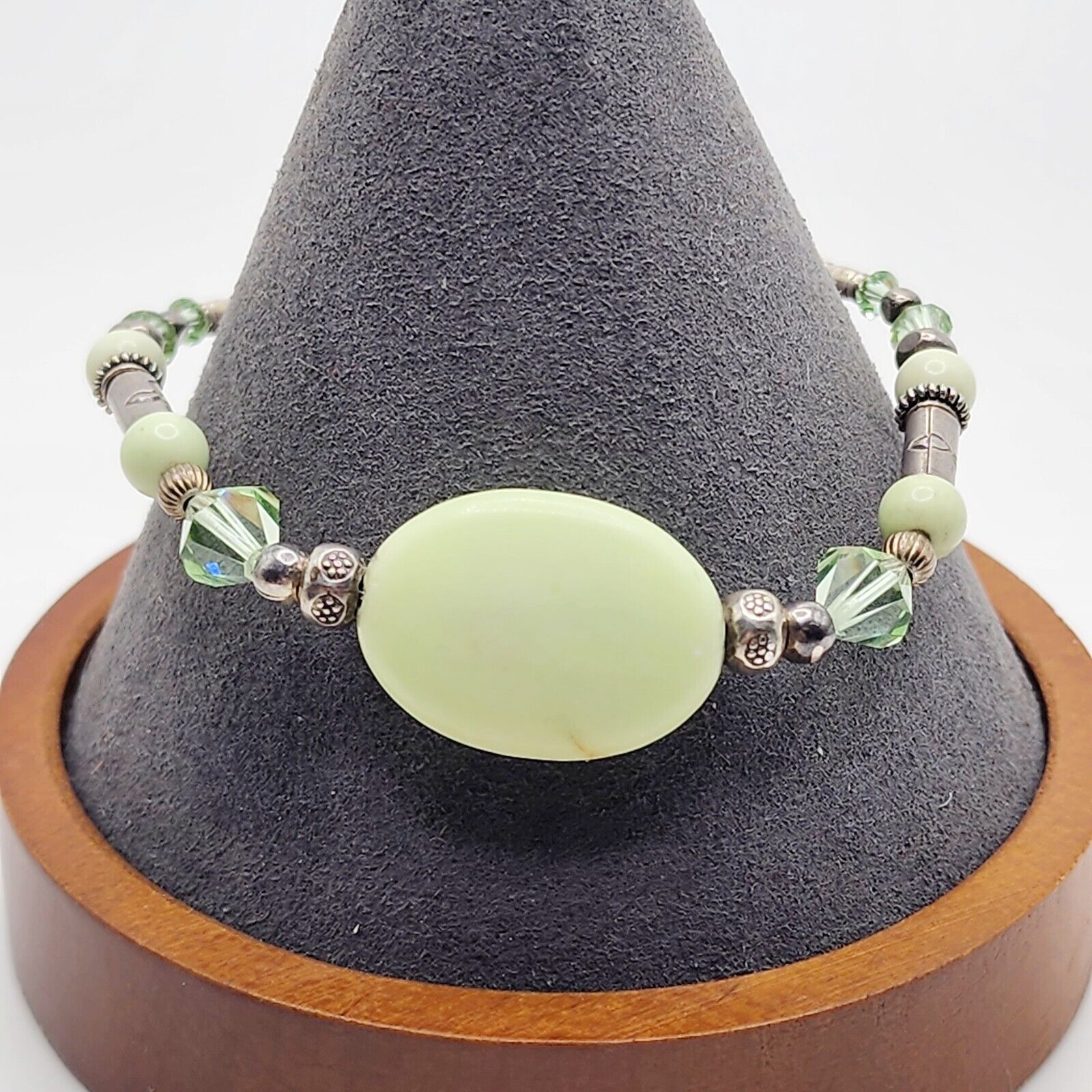 Artisan Green Chrysoprase And Crystal 8" Bracelet Sterling Silver Gemstone 925